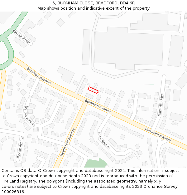 5, BURNHAM CLOSE, BRADFORD, BD4 6FJ: Location map and indicative extent of plot