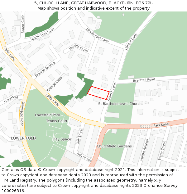5, CHURCH LANE, GREAT HARWOOD, BLACKBURN, BB6 7PU: Location map and indicative extent of plot