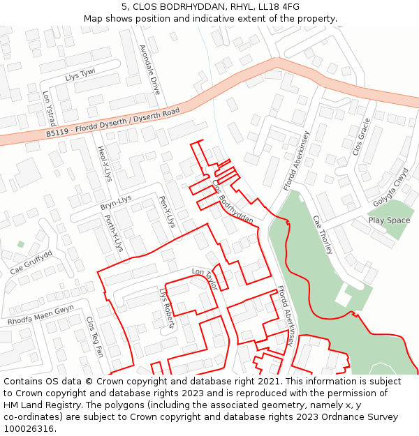 5, CLOS BODRHYDDAN, RHYL, LL18 4FG: Location map and indicative extent of plot