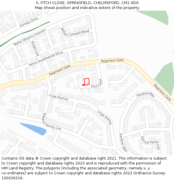 5, FITCH CLOSE, SPRINGFIELD, CHELMSFORD, CM1 6DA: Location map and indicative extent of plot
