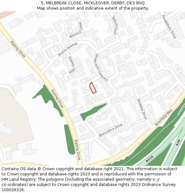 5, MELBREAK CLOSE, MICKLEOVER, DERBY, DE3 9NQ: Location map and indicative extent of plot