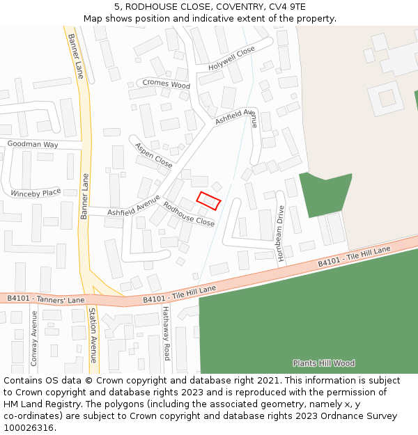 5, RODHOUSE CLOSE, COVENTRY, CV4 9TE: Location map and indicative extent of plot