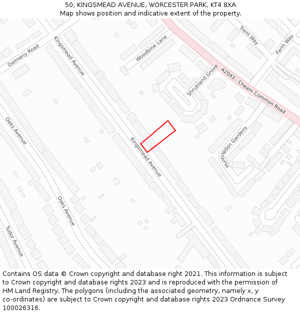 50, KINGSMEAD AVENUE, WORCESTER PARK, KT4 8XA: Location map and indicative extent of plot
