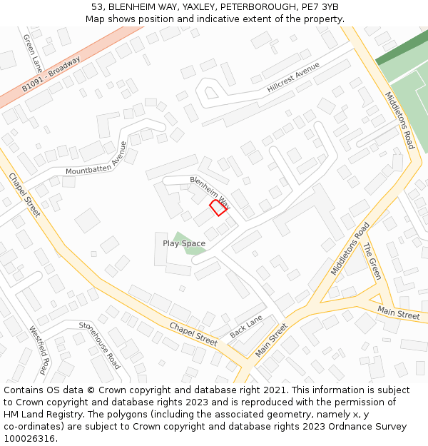 53, BLENHEIM WAY, YAXLEY, PETERBOROUGH, PE7 3YB: Location map and indicative extent of plot