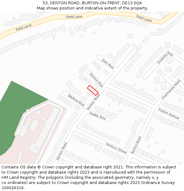 53, DENTON ROAD, BURTON-ON-TRENT, DE13 0QA: Location map and indicative extent of plot