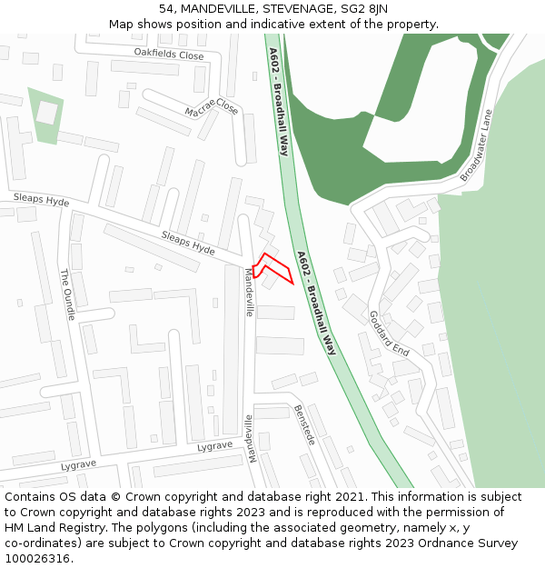 54, MANDEVILLE, STEVENAGE, SG2 8JN: Location map and indicative extent of plot