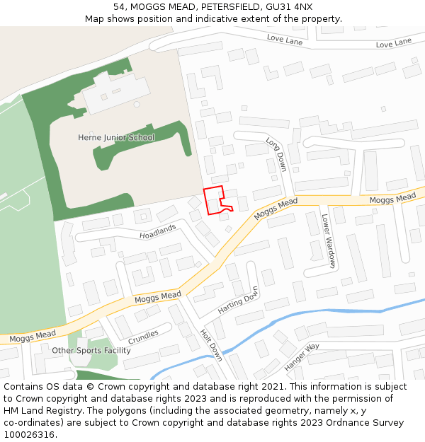 54, MOGGS MEAD, PETERSFIELD, GU31 4NX: Location map and indicative extent of plot