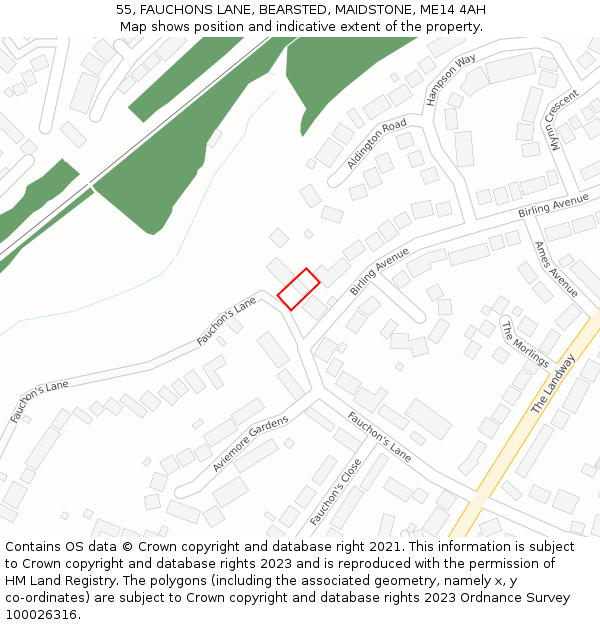 55, FAUCHONS LANE, BEARSTED, MAIDSTONE, ME14 4AH: Location map and indicative extent of plot