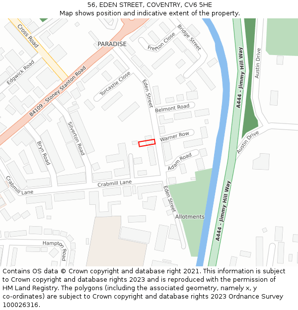 56, EDEN STREET, COVENTRY, CV6 5HE: Location map and indicative extent of plot