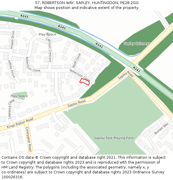 57, ROBERTSON WAY, SAPLEY, HUNTINGDON, PE28 2GG: Location map and indicative extent of plot