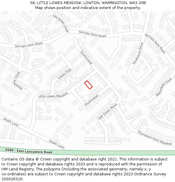 58, LITTLE LOWES MEADOW, LOWTON, WARRINGTON, WA3 2XB: Location map and indicative extent of plot