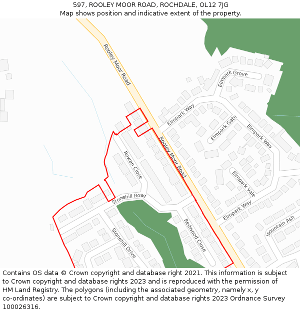 597, ROOLEY MOOR ROAD, ROCHDALE, OL12 7JG: Location map and indicative extent of plot