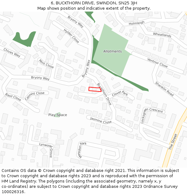 6, BUCKTHORN DRIVE, SWINDON, SN25 3JH: Location map and indicative extent of plot