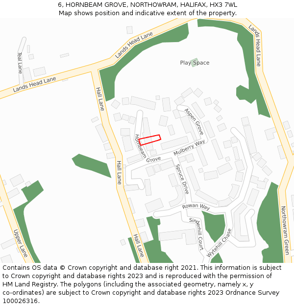 6, HORNBEAM GROVE, NORTHOWRAM, HALIFAX, HX3 7WL: Location map and indicative extent of plot