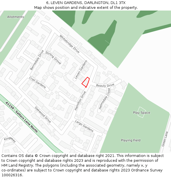 6, LEVEN GARDENS, DARLINGTON, DL1 3TX: Location map and indicative extent of plot