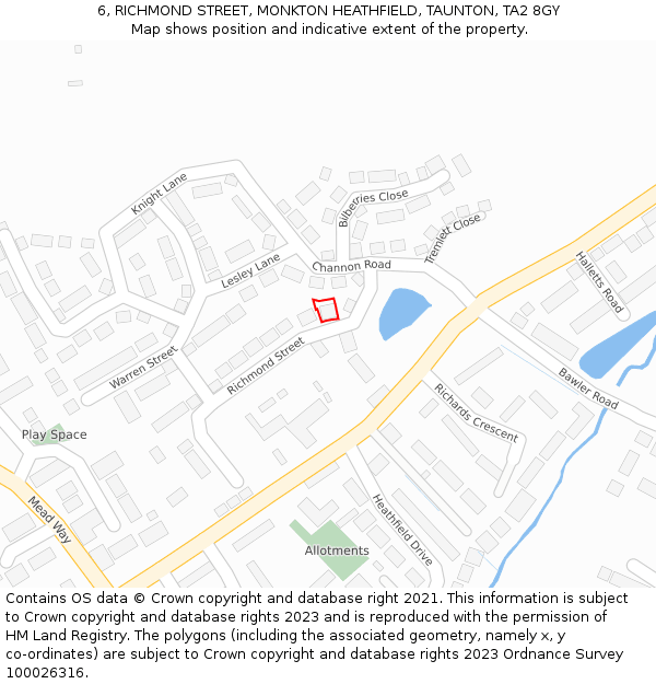 6, RICHMOND STREET, MONKTON HEATHFIELD, TAUNTON, TA2 8GY: Location map and indicative extent of plot