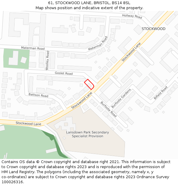 61, STOCKWOOD LANE, BRISTOL, BS14 8SL: Location map and indicative extent of plot