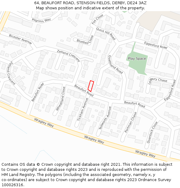 64, BEAUFORT ROAD, STENSON FIELDS, DERBY, DE24 3AZ: Location map and indicative extent of plot