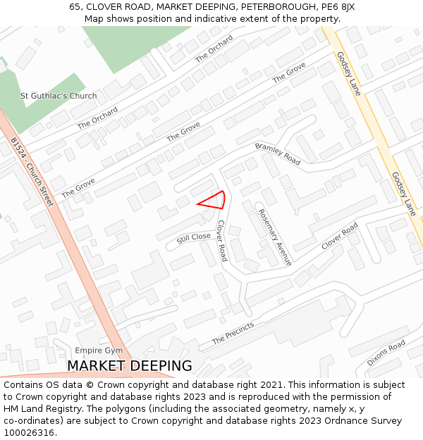 65, CLOVER ROAD, MARKET DEEPING, PETERBOROUGH, PE6 8JX: Location map and indicative extent of plot