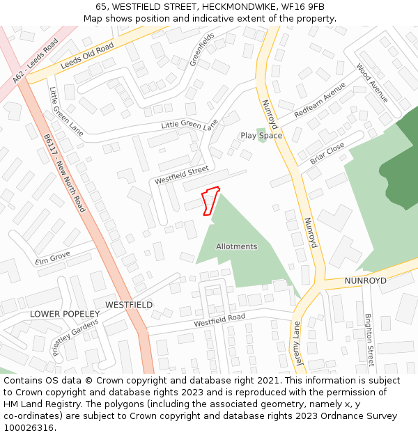 65, WESTFIELD STREET, HECKMONDWIKE, WF16 9FB: Location map and indicative extent of plot