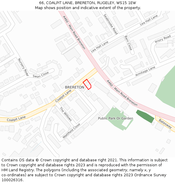 66, COALPIT LANE, BRERETON, RUGELEY, WS15 1EW: Location map and indicative extent of plot