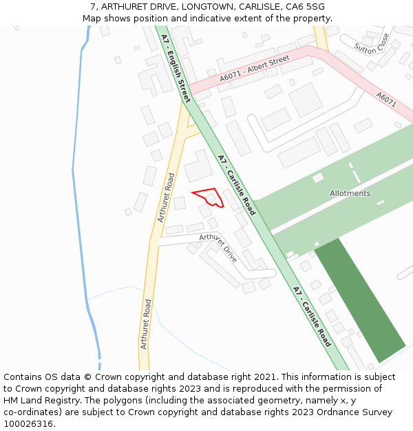 7, ARTHURET DRIVE, LONGTOWN, CARLISLE, CA6 5SG: Location map and indicative extent of plot