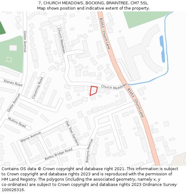 7, CHURCH MEADOWS, BOCKING, BRAINTREE, CM7 5SL: Location map and indicative extent of plot