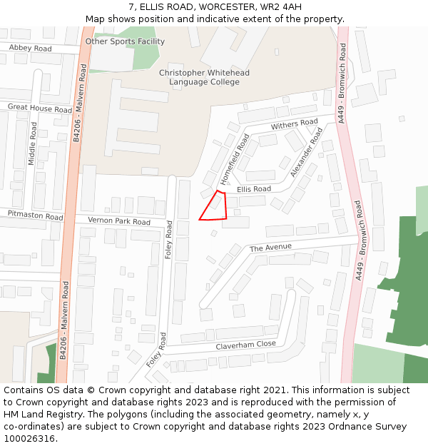 7, ELLIS ROAD, WORCESTER, WR2 4AH: Location map and indicative extent of plot