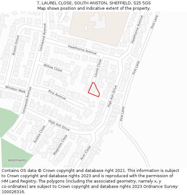 7, LAUREL CLOSE, SOUTH ANSTON, SHEFFIELD, S25 5GS: Location map and indicative extent of plot