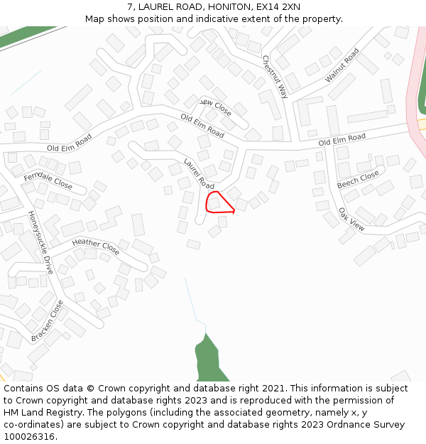 7, LAUREL ROAD, HONITON, EX14 2XN: Location map and indicative extent of plot