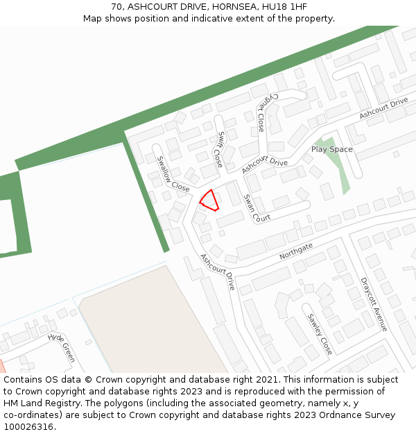 70, ASHCOURT DRIVE, HORNSEA, HU18 1HF: Location map and indicative extent of plot