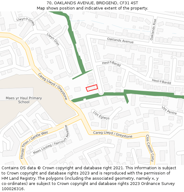 70, OAKLANDS AVENUE, BRIDGEND, CF31 4ST: Location map and indicative extent of plot
