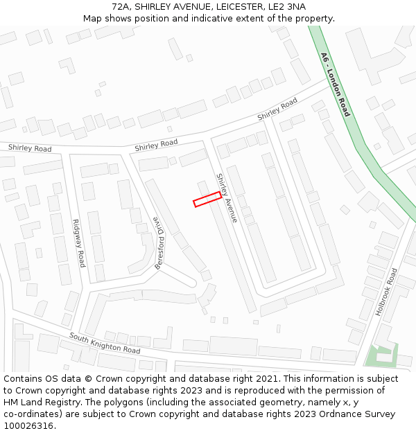 72A, SHIRLEY AVENUE, LEICESTER, LE2 3NA: Location map and indicative extent of plot