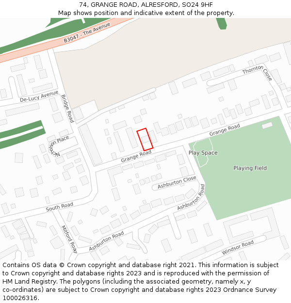74, GRANGE ROAD, ALRESFORD, SO24 9HF: Location map and indicative extent of plot