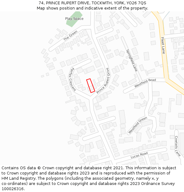 74, PRINCE RUPERT DRIVE, TOCKWITH, YORK, YO26 7QS: Location map and indicative extent of plot