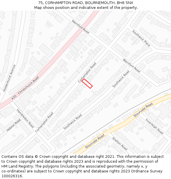 75, CORHAMPTON ROAD, BOURNEMOUTH, BH6 5NX: Location map and indicative extent of plot