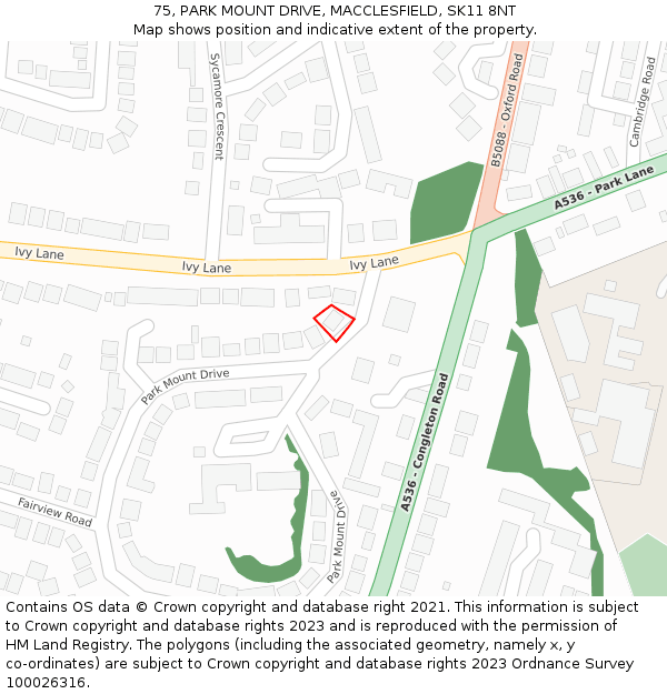 75, PARK MOUNT DRIVE, MACCLESFIELD, SK11 8NT: Location map and indicative extent of plot