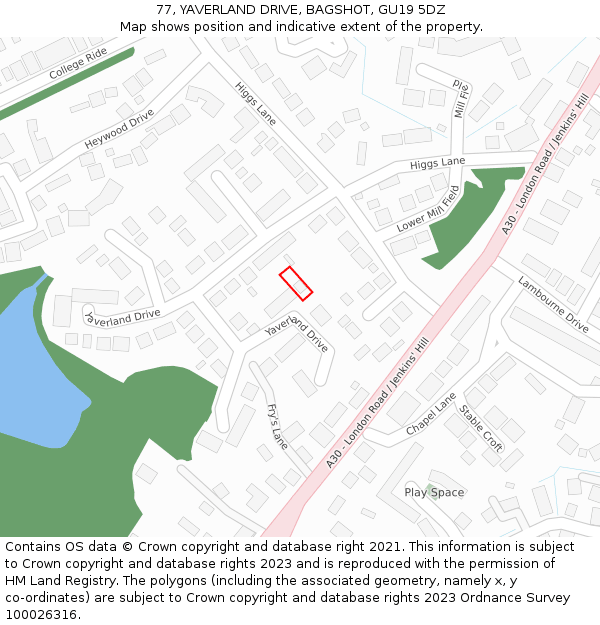77, YAVERLAND DRIVE, BAGSHOT, GU19 5DZ: Location map and indicative extent of plot