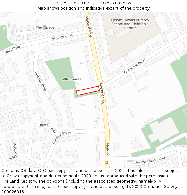 78, MERLAND RISE, EPSOM, KT18 5RW: Location map and indicative extent of plot