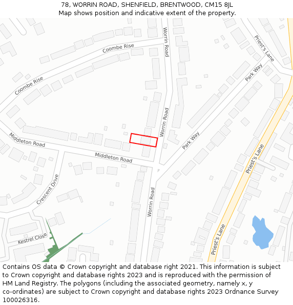 78, WORRIN ROAD, SHENFIELD, BRENTWOOD, CM15 8JL: Location map and indicative extent of plot