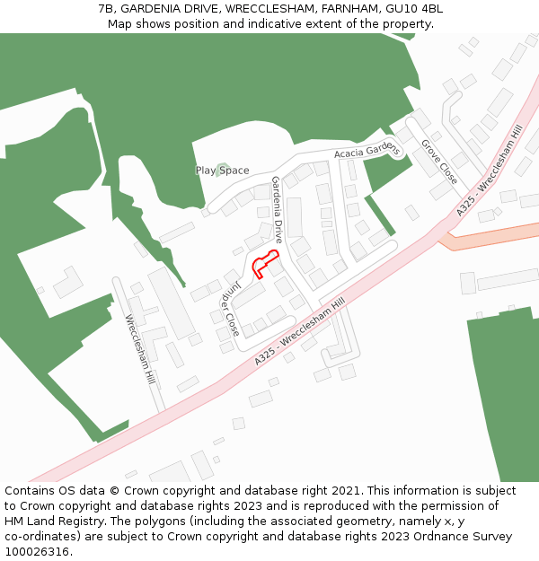 7B, GARDENIA DRIVE, WRECCLESHAM, FARNHAM, GU10 4BL: Location map and indicative extent of plot