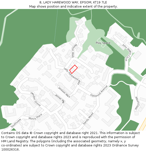 8, LADY HAREWOOD WAY, EPSOM, KT19 7LE: Location map and indicative extent of plot