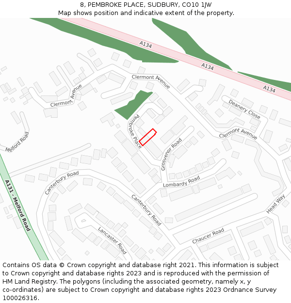 8, PEMBROKE PLACE, SUDBURY, CO10 1JW: Location map and indicative extent of plot