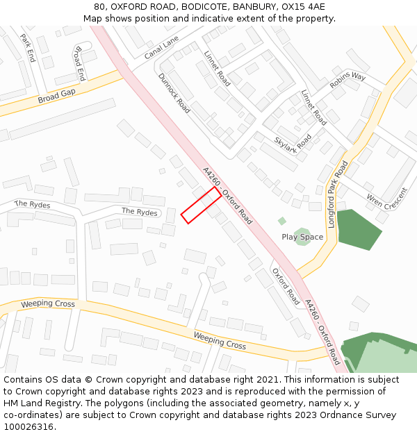 80, OXFORD ROAD, BODICOTE, BANBURY, OX15 4AE: Location map and indicative extent of plot