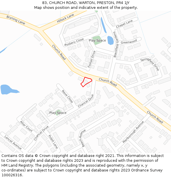 83, CHURCH ROAD, WARTON, PRESTON, PR4 1JY: Location map and indicative extent of plot