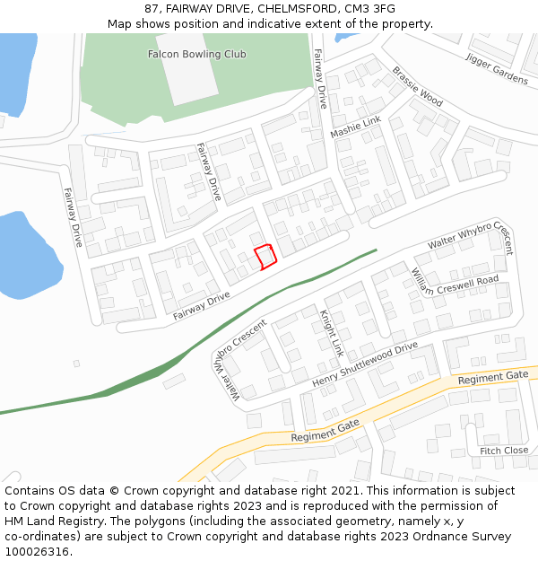 87, FAIRWAY DRIVE, CHELMSFORD, CM3 3FG: Location map and indicative extent of plot