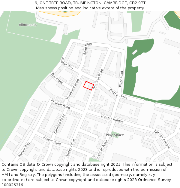 9, ONE TREE ROAD, TRUMPINGTON, CAMBRIDGE, CB2 9BT: Location map and indicative extent of plot