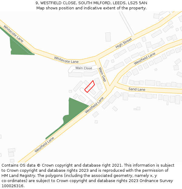 9, WESTFIELD CLOSE, SOUTH MILFORD, LEEDS, LS25 5AN: Location map and indicative extent of plot