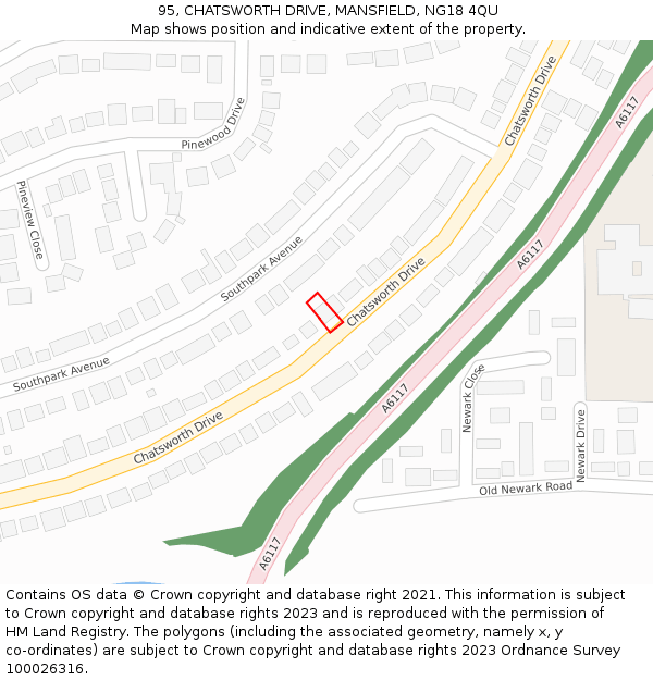 95, CHATSWORTH DRIVE, MANSFIELD, NG18 4QU: Location map and indicative extent of plot