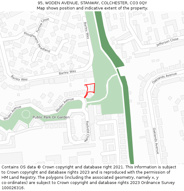 95, WODEN AVENUE, STANWAY, COLCHESTER, CO3 0QY: Location map and indicative extent of plot